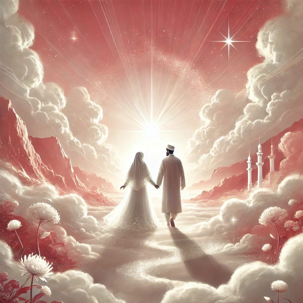 Muslim couple walking through a serene path symbolizing a shared journey